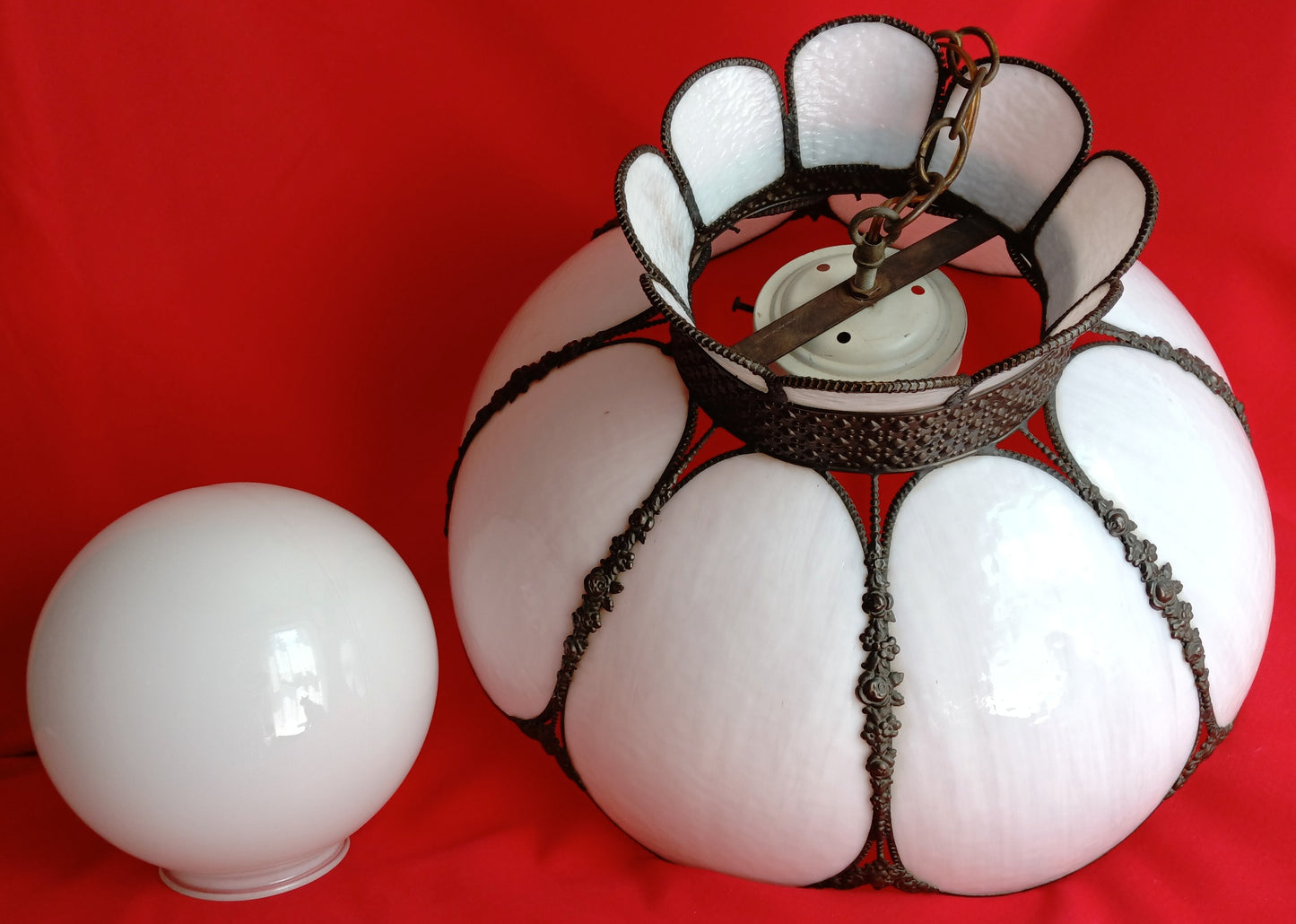 Vintage White Slag Glass Tiffany Style Large Swag Pendant Ornate Rubbed Bronze Finish Rose Design Milk Glass Globe Metal Chain 19” D