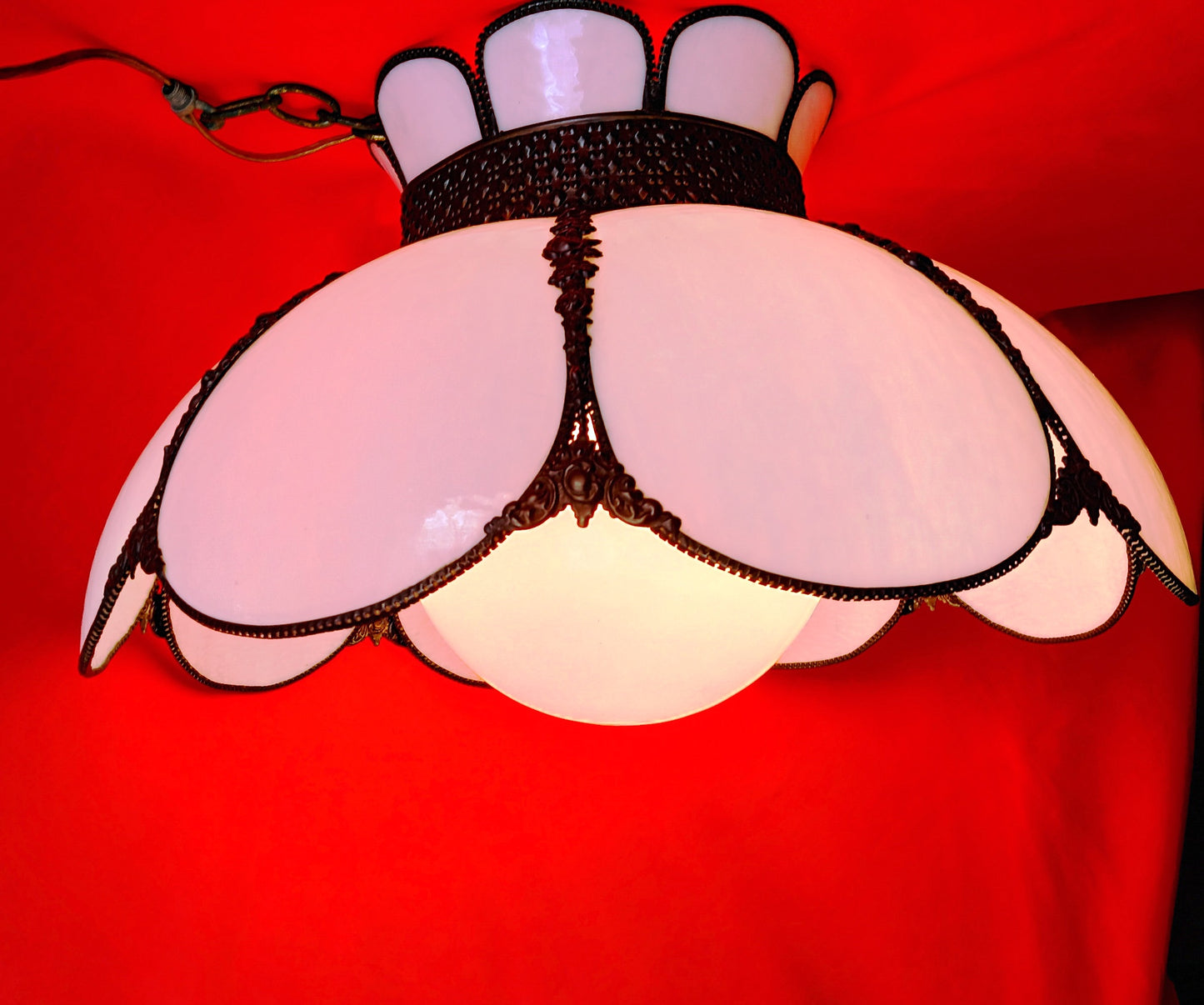 Vintage White Slag Glass Tiffany Style Large Swag Pendant Ornate Rubbed Bronze Finish Rose Design Milk Glass Globe Metal Chain 19” D