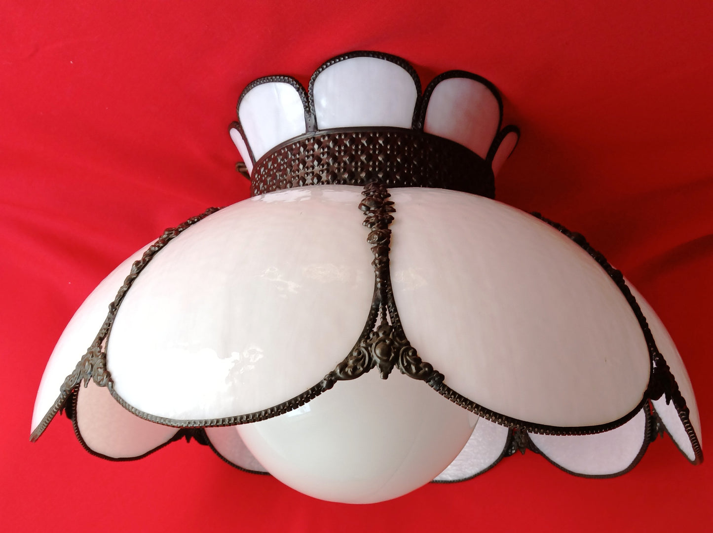 Vintage White Slag Glass Tiffany Style Large Swag Pendant Ornate Rubbed Bronze Finish Rose Design Milk Glass Globe Metal Chain 19” D