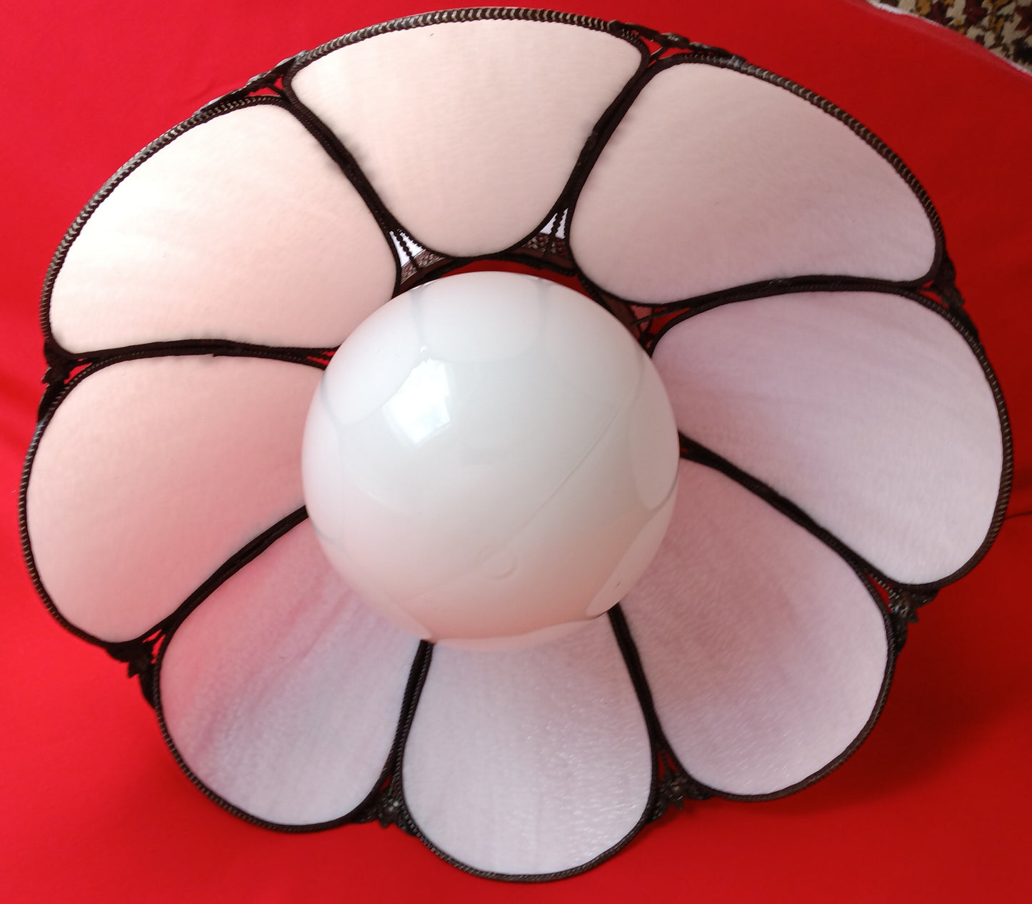 Vintage White Slag Glass Tiffany Style Large Swag Pendant Ornate Rubbed Bronze Finish Rose Design Milk Glass Globe Metal Chain 19” D