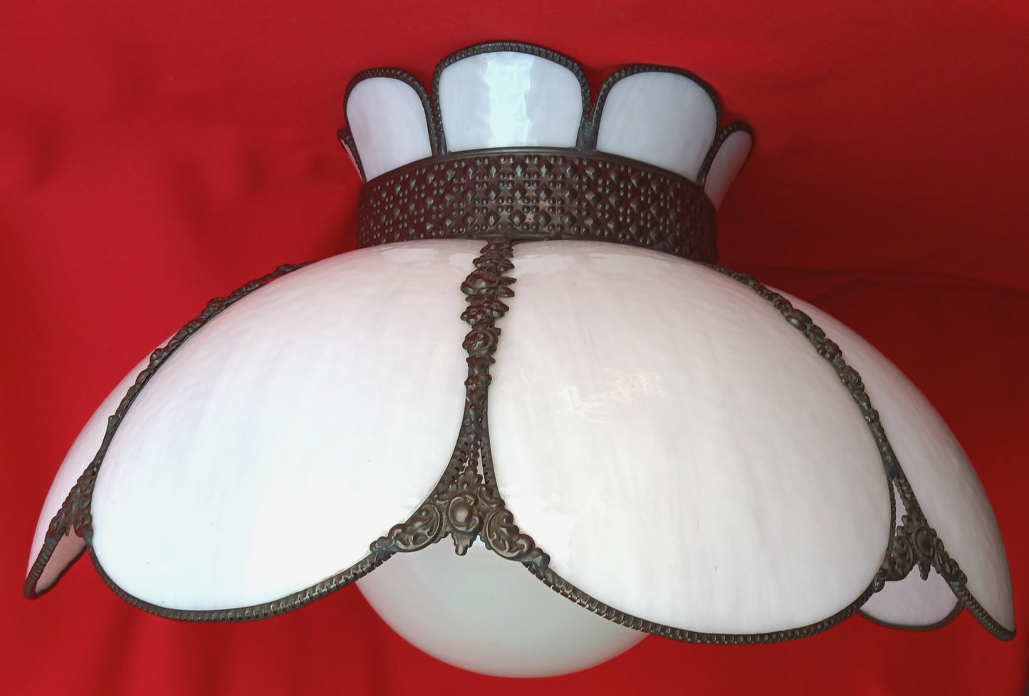 Vintage White Slag Glass Tiffany Style Large Swag Pendant Ornate Rubbed Bronze Finish Rose Design Milk Glass Globe Metal Chain 19” D