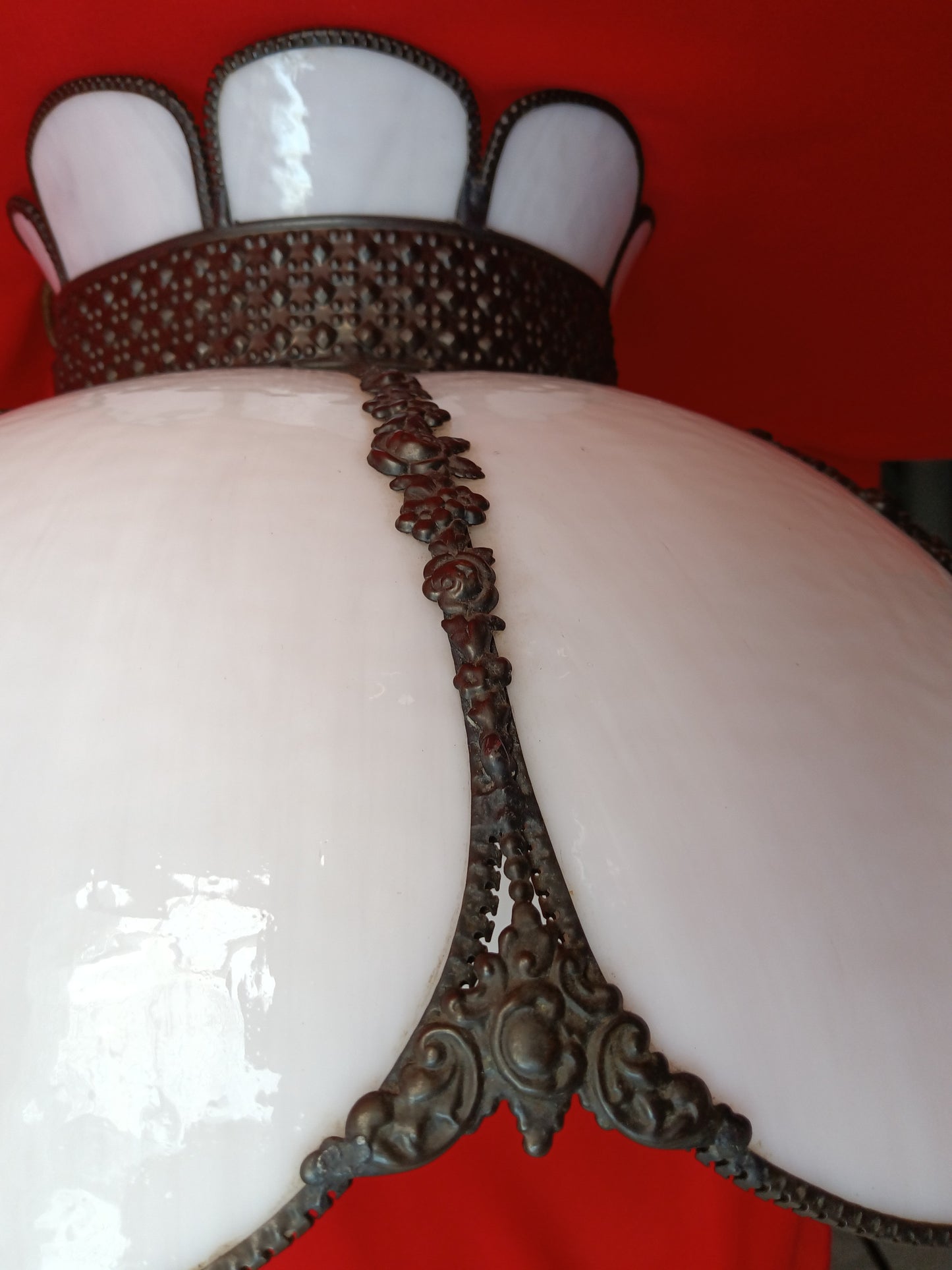 Vintage White Slag Glass Tiffany Style Large Swag Pendant Ornate Rubbed Bronze Finish Rose Design Milk Glass Globe Metal Chain 19” D