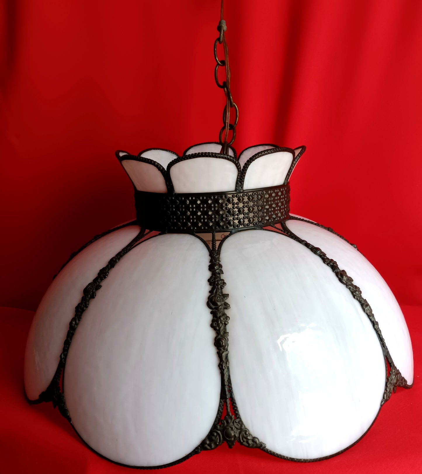 Vintage White Slag Glass Tiffany Style Large Swag Pendant Ornate Rubbed Bronze Finish Rose Design Milk Glass Globe Metal Chain 19” D