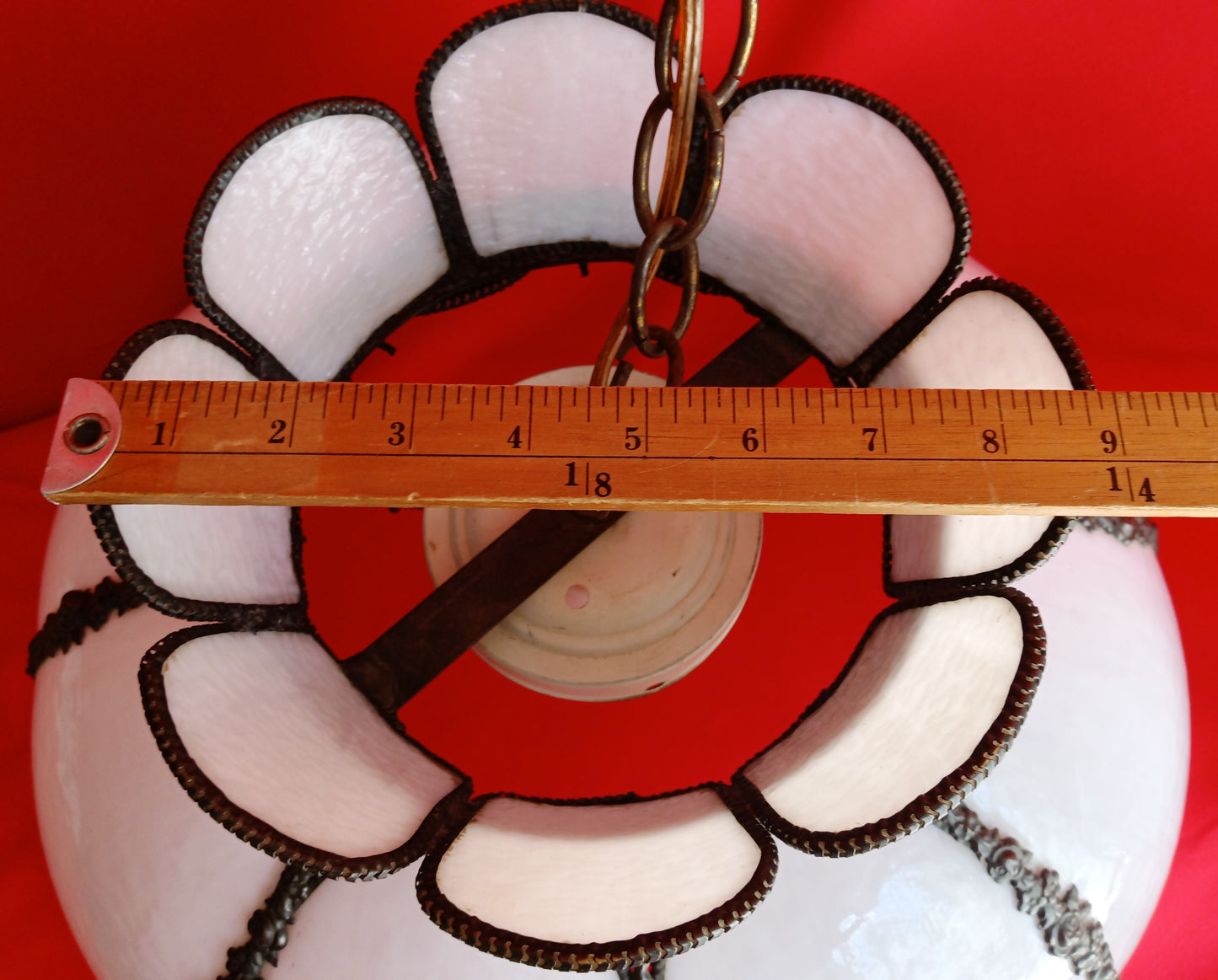 Vintage White Slag Glass Tiffany Style Large Swag Pendant Ornate Rubbed Bronze Finish Rose Design Milk Glass Globe Metal Chain 19” D