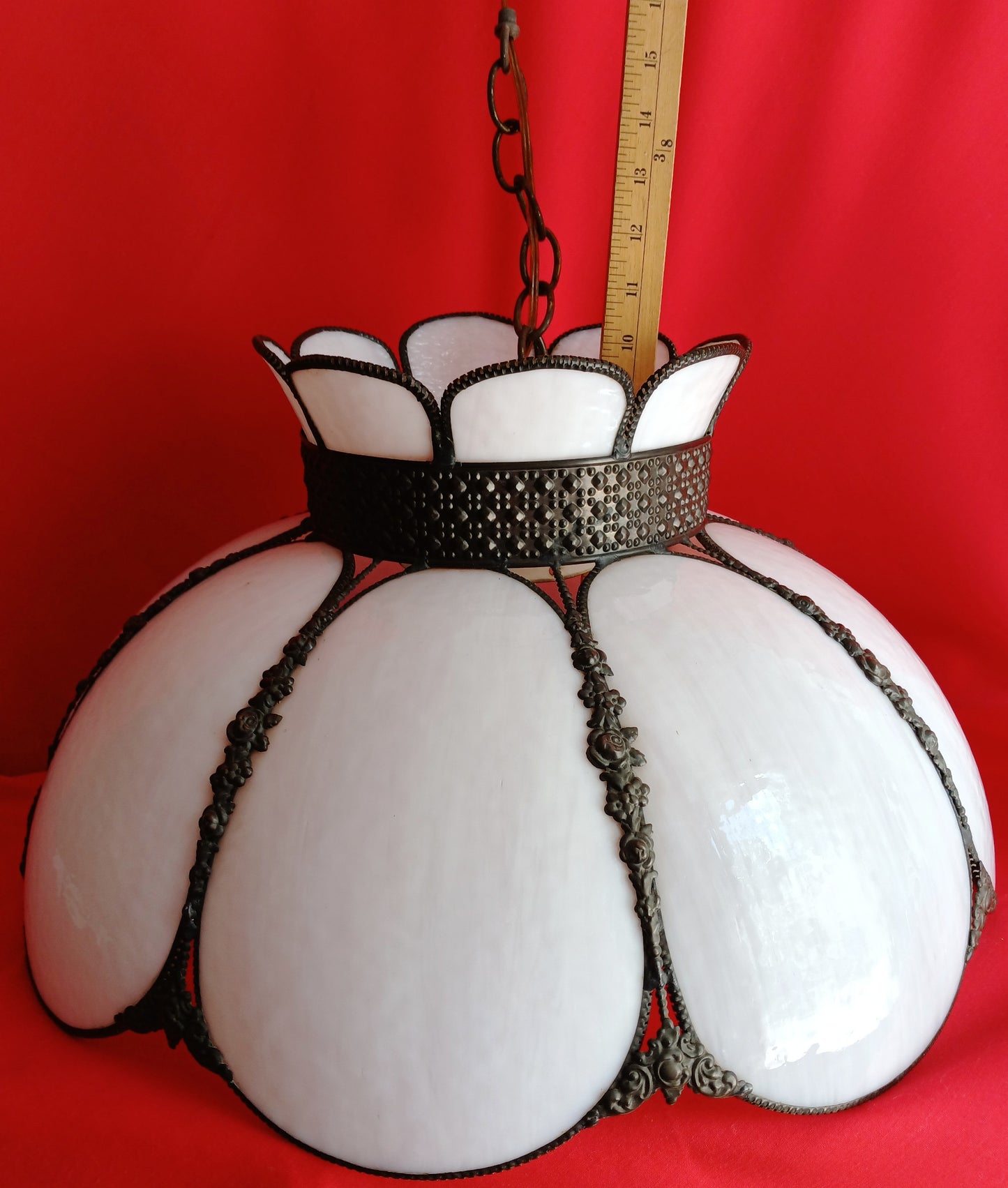 Vintage White Slag Glass Tiffany Style Large Swag Pendant Ornate Rubbed Bronze Finish Rose Design Milk Glass Globe Metal Chain 19” D