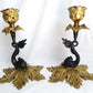 Vintage Pair Candlestick Holders French Baroque Rococo Style Brass Gold Finish Stylized Dolphins Column Leaf Base