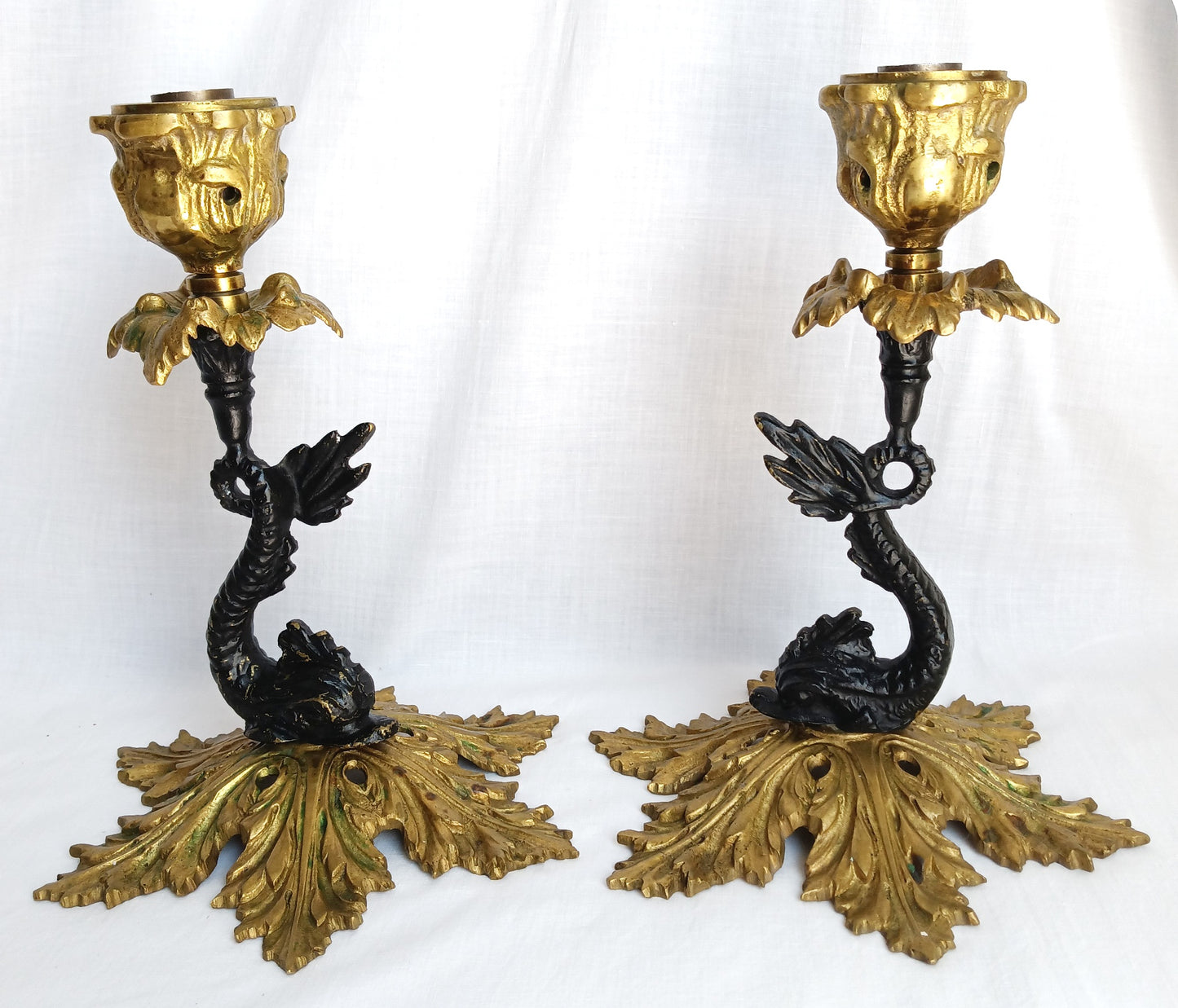 Vintage Pair Candlestick Holders French Baroque Rococo Style Brass Gold Finish Stylized Dolphins Column Leaf Base