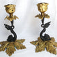 Vintage Pair Candlestick Holders French Baroque Rococo Style Brass Gold Finish Stylized Dolphins Column Leaf Base