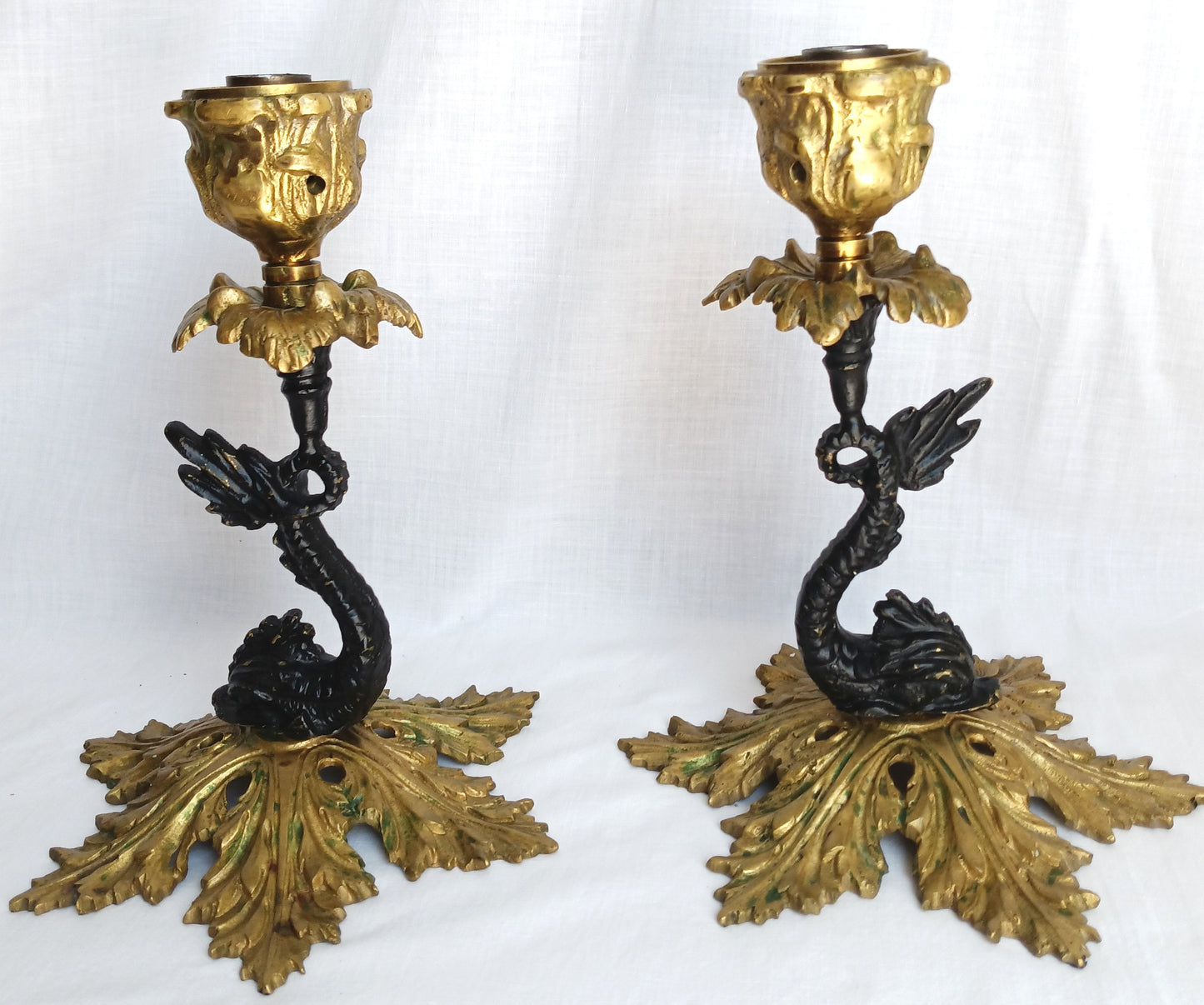 Vintage Pair Candlestick Holders French Baroque Rococo Style Brass Gold Finish Stylized Dolphins Column Leaf Base