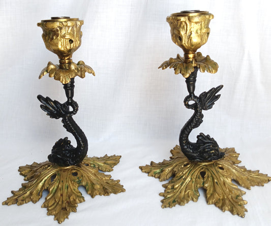 Vintage Pair Candlestick Holders French Baroque Rococo Style Brass Gold Finish Stylized Dolphins Column Leaf Base