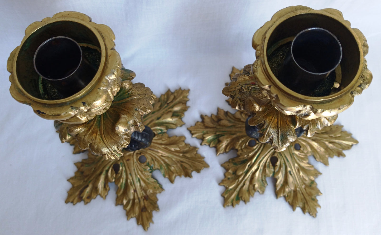 Vintage Pair Candlestick Holders French Baroque Rococo Style Brass Gold Finish Stylized Dolphins Column Leaf Base