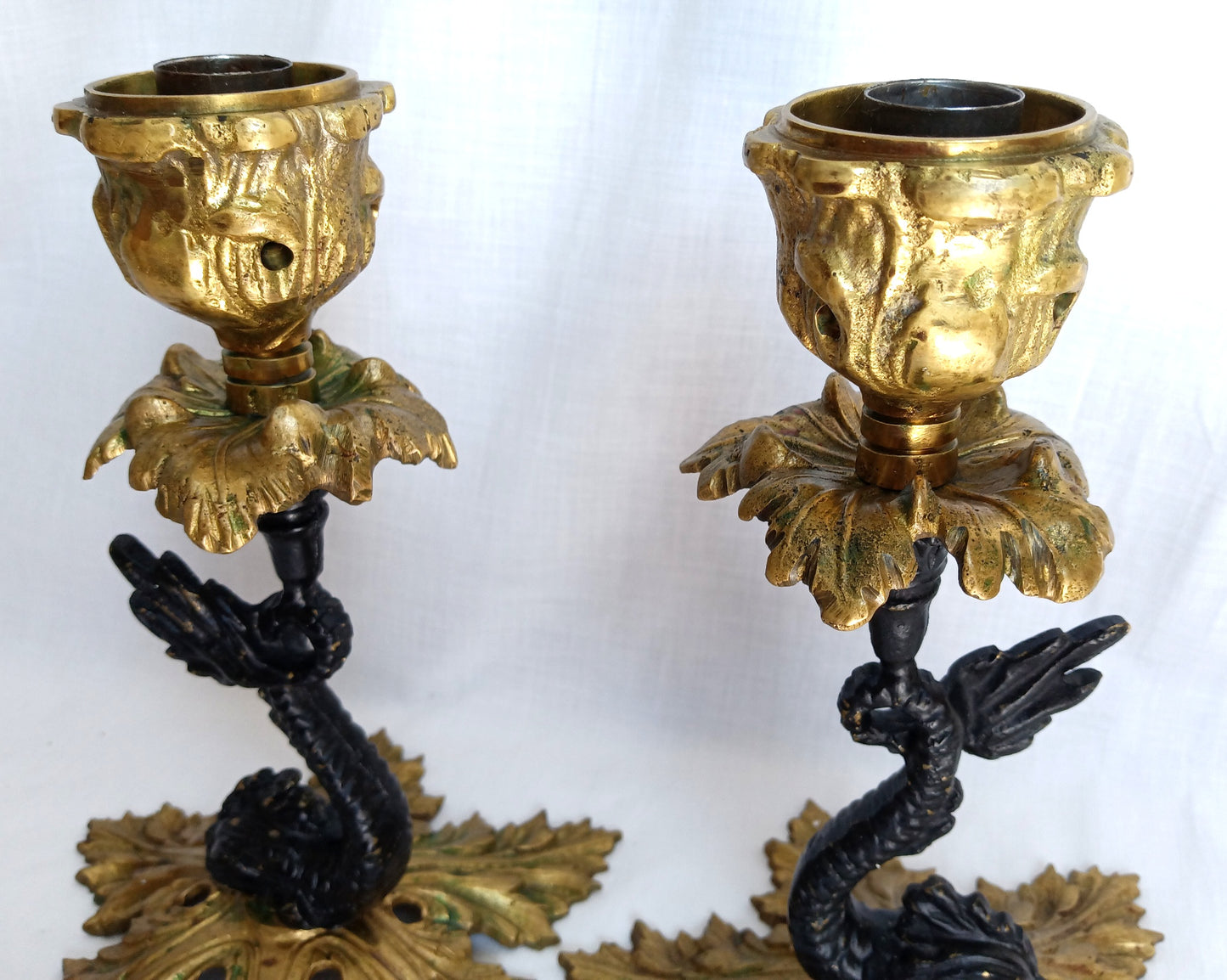 Vintage Pair Candlestick Holders French Baroque Rococo Style Brass Gold Finish Stylized Dolphins Column Leaf Base