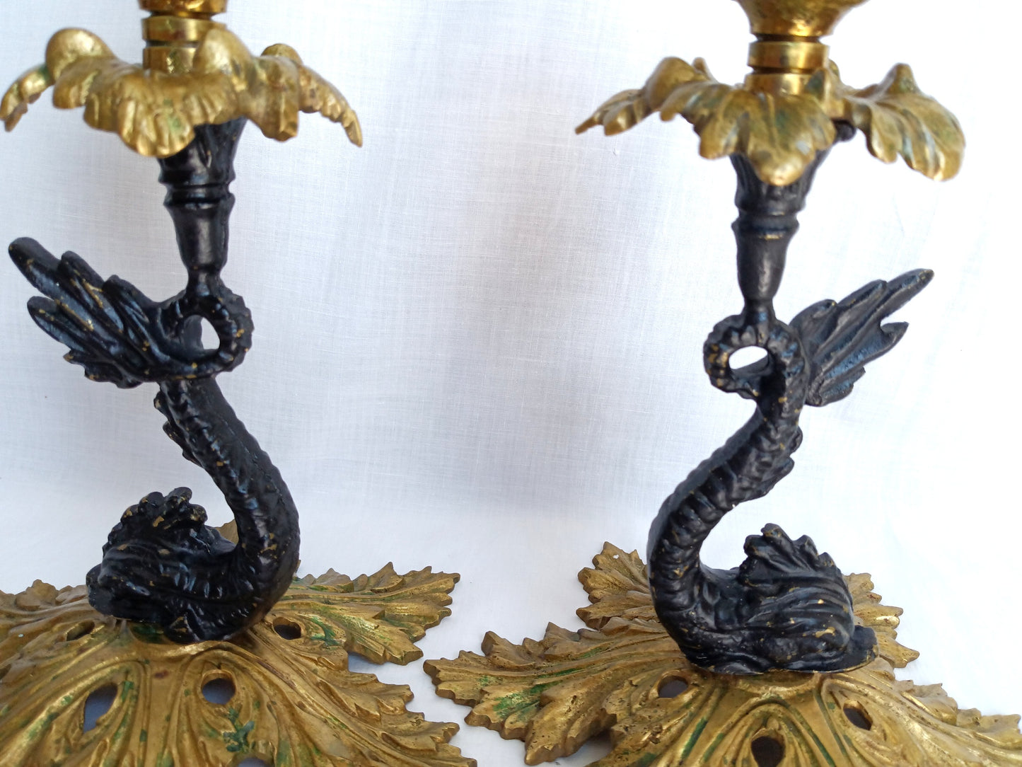 Vintage Pair Candlestick Holders French Baroque Rococo Style Brass Gold Finish Stylized Dolphins Column Leaf Base
