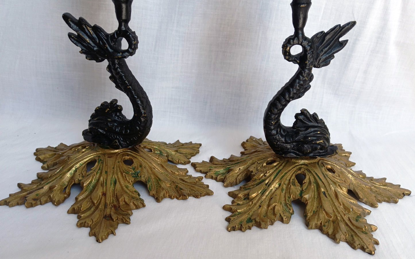 Vintage Pair Candlestick Holders French Baroque Rococo Style Brass Gold Finish Stylized Dolphins Column Leaf Base