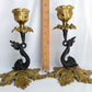 Vintage Pair Candlestick Holders French Baroque Rococo Style Brass Gold Finish Stylized Dolphins Column Leaf Base