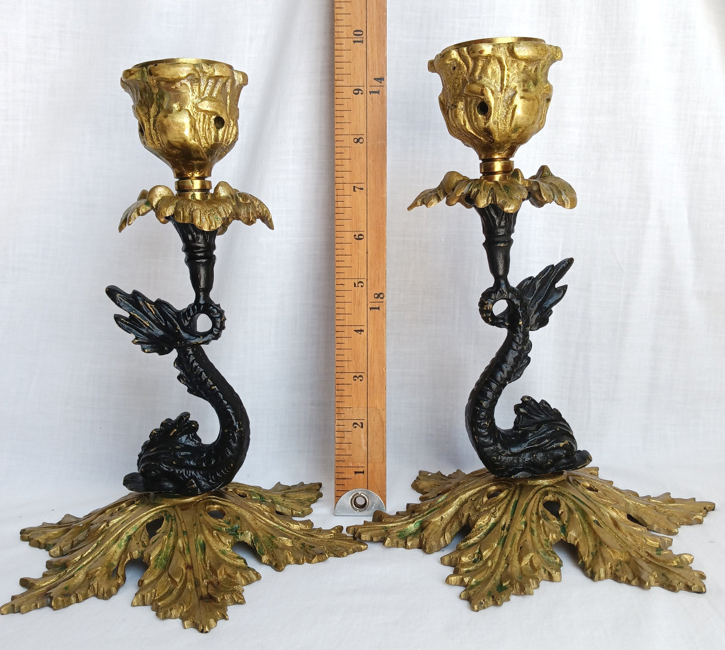 Vintage Pair Candlestick Holders French Baroque Rococo Style Brass Gold Finish Stylized Dolphins Column Leaf Base