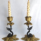 Vintage Pair Candlestick Holders French Baroque Rococo Style Brass Gold Finish Stylized Dolphins Column Leaf Base