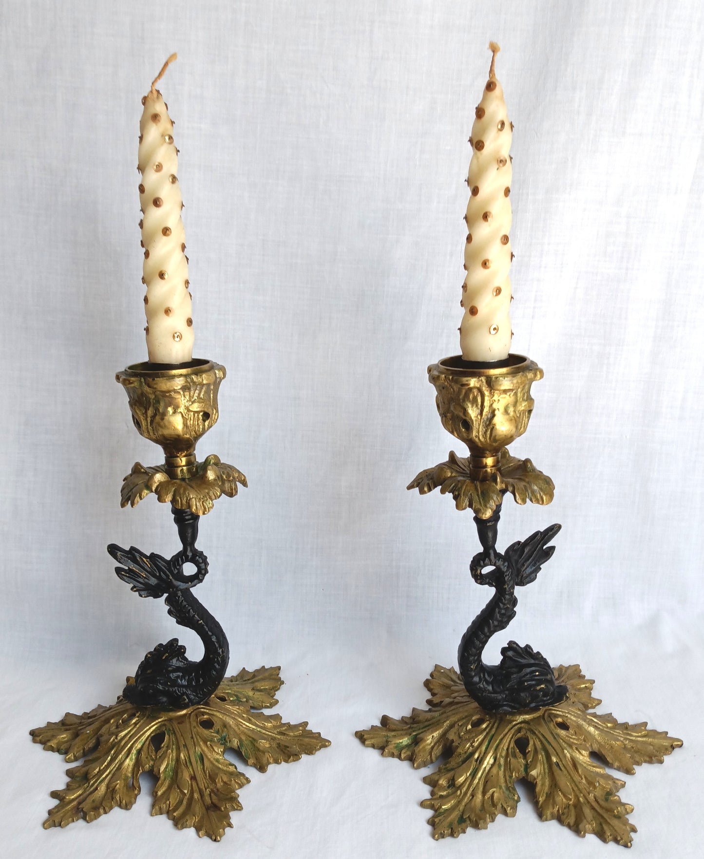 Vintage Pair Candlestick Holders French Baroque Rococo Style Brass Gold Finish Stylized Dolphins Column Leaf Base