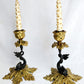 Vintage Pair Candlestick Holders French Baroque Rococo Style Brass Gold Finish Stylized Dolphins Column Leaf Base
