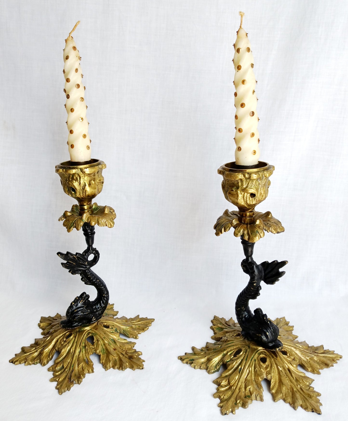 Vintage Pair Candlestick Holders French Baroque Rococo Style Brass Gold Finish Stylized Dolphins Column Leaf Base