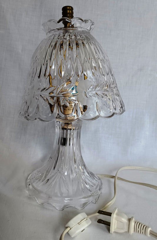 Vintage Crystal Glass Small Lamp w/Shade Etched Floral Design Clear Cut Glass In Cord Switch Brass Harp Finial End Table Accent Lamp