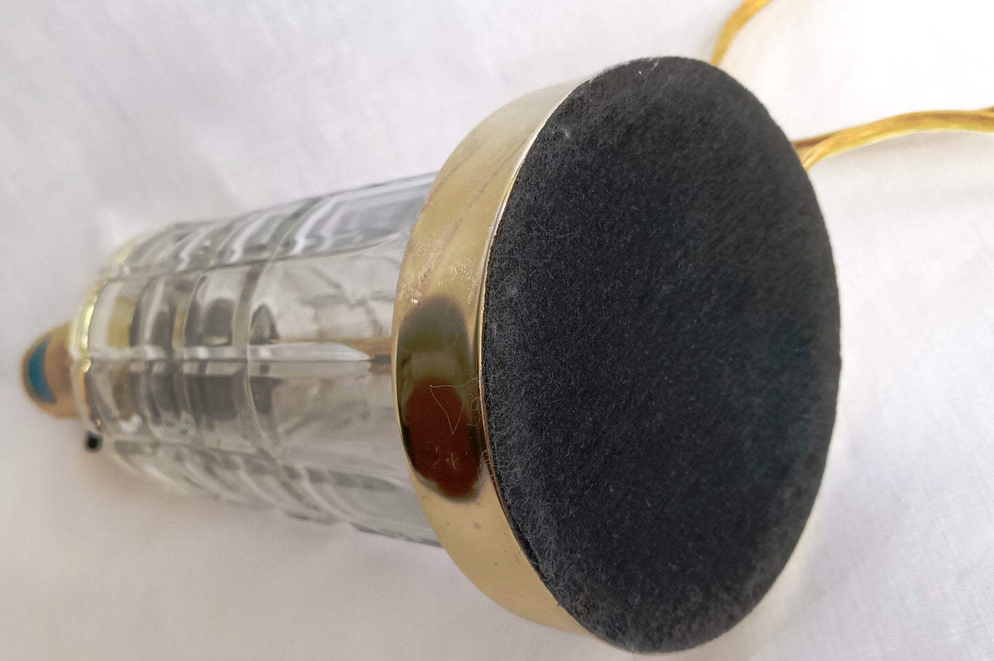 Vintage MCM Cut Clear Crystal Glass Table Lamp Brass Cylindrical Body Cubed Panels Hollywood Regency Style