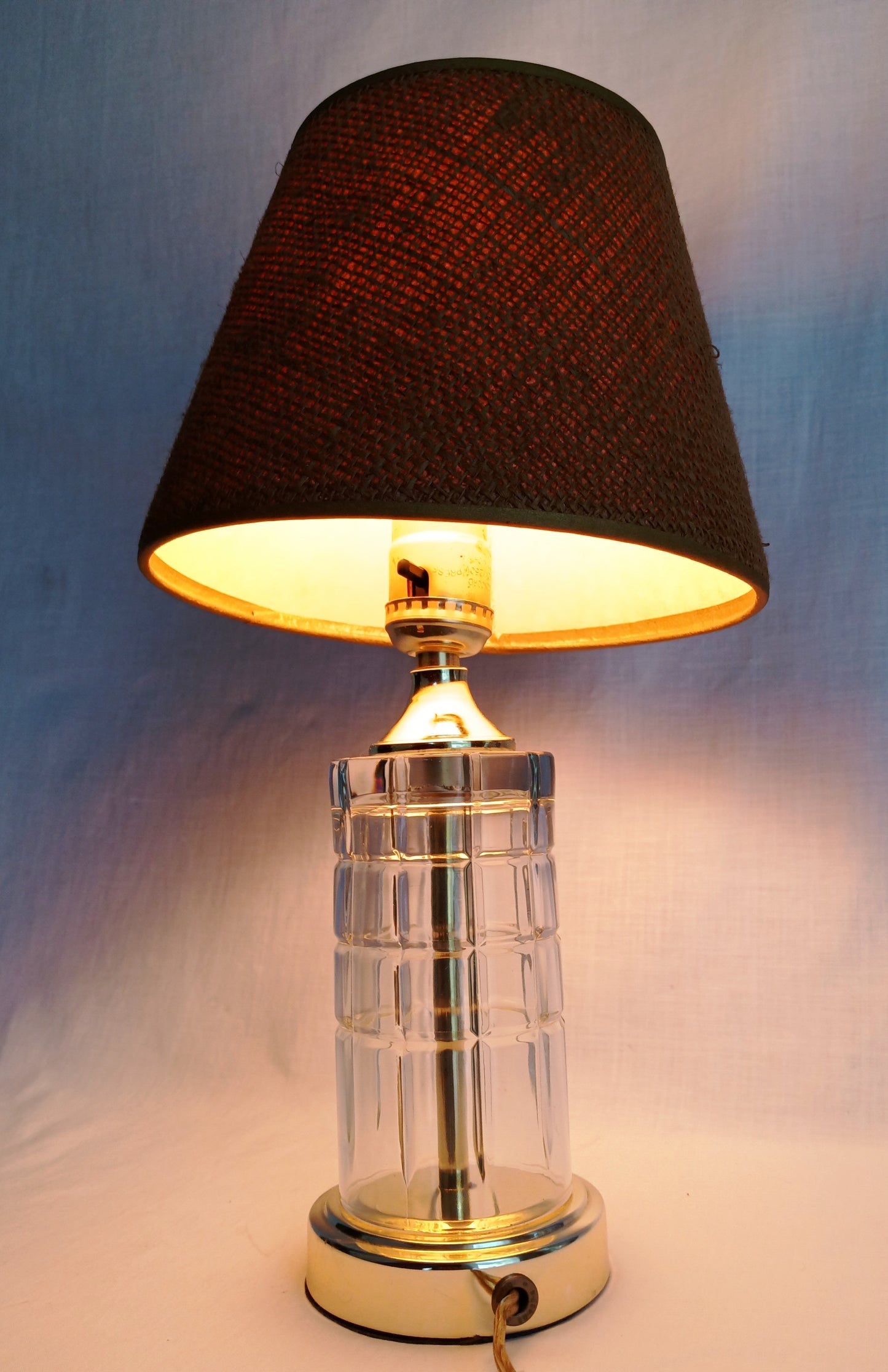 Vintage MCM Cut Clear Crystal Glass Table Lamp Brass Cylindrical Body Cubed Panels Hollywood Regency Style