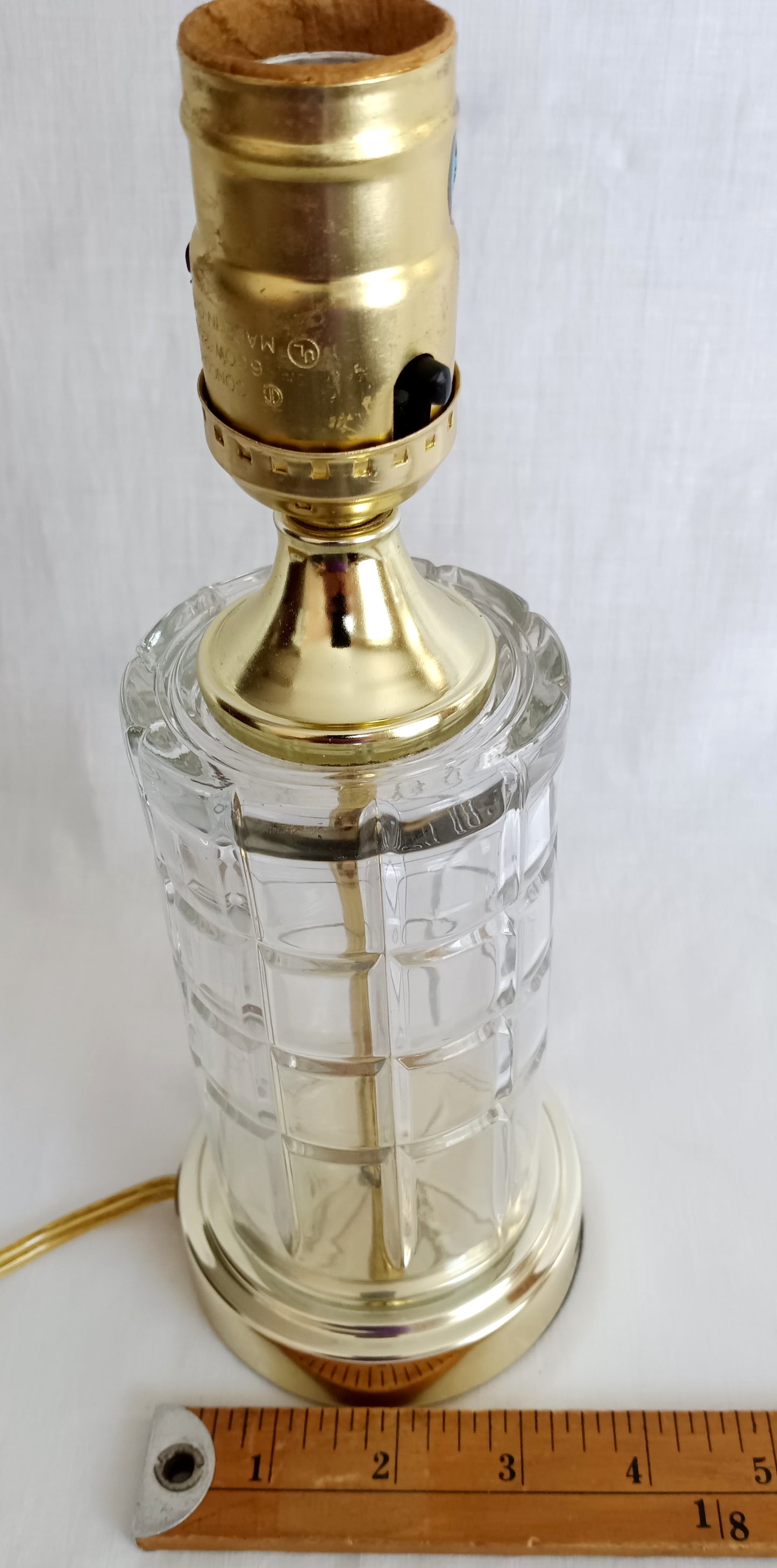 Vintage MCM Cut Clear Crystal Glass Table Lamp Brass Cylindrical Body Cubed Panels Hollywood Regency Style