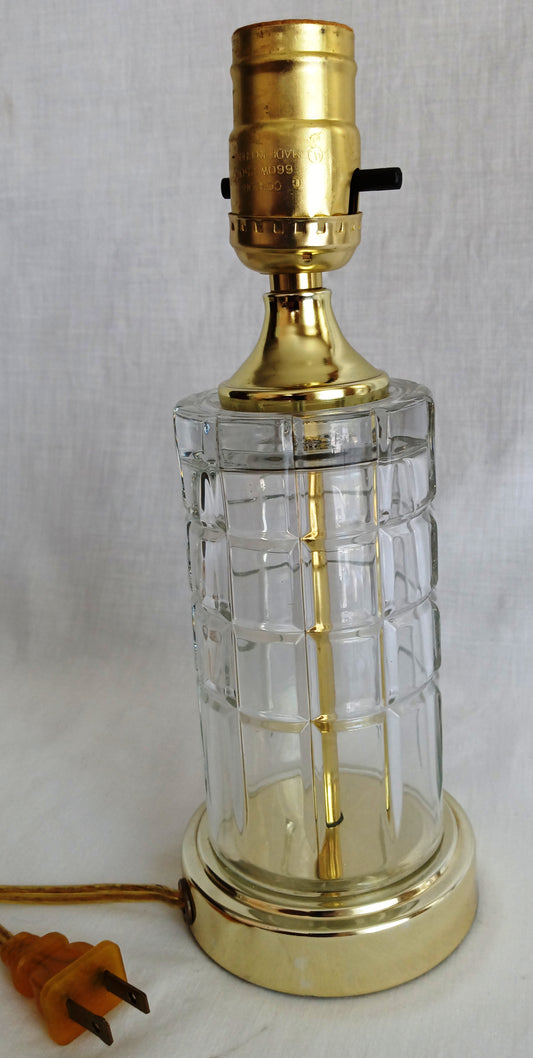 Vintage MCM Cut Clear Crystal Glass Table Lamp Brass Cylindrical Body Cubed Panels Hollywood Regency Style