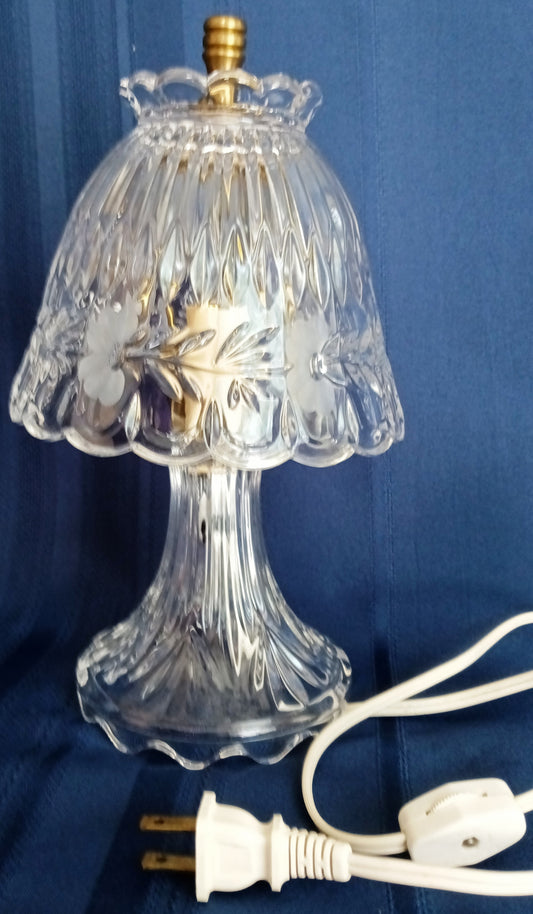Vintage Crystal Glass Small Lamp w/Shade Etched Floral Design Clear Cut Glass In Cord Switch Brass Harp Finial End Table Accent Lamp