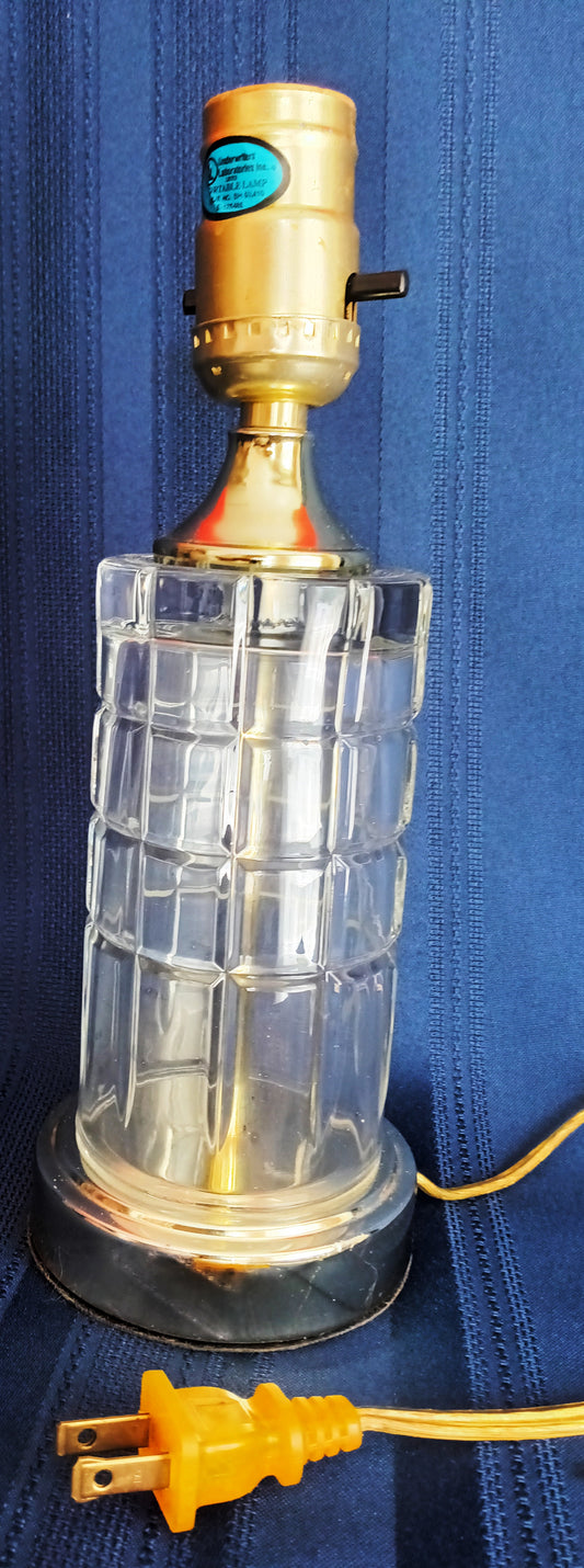 Vintage MCM Cut Clear Crystal Glass Table Lamp Brass Cylindrical Body Cubed Panels Hollywood Regency Style