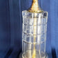 Vintage MCM Cut Clear Crystal Glass Table Lamp Brass Cylindrical Body Cubed Panels Hollywood Regency Style