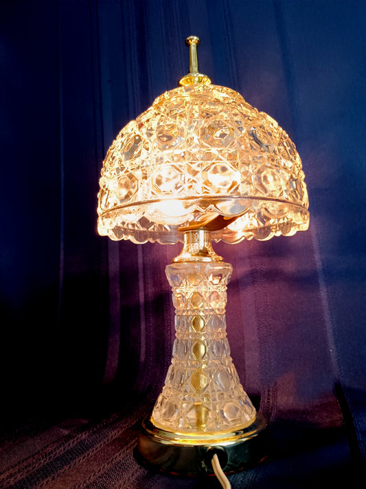 Vintage Clear Crystal Glass Cut Geometric Design Lamp w/Shade In Cord Switch Brass Finial End Table Accent Lamp 12 1/4" H