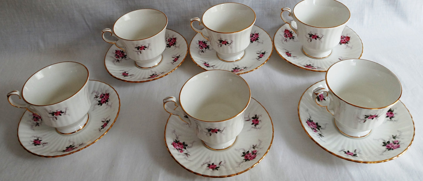 Vintage Set of 6 Windsor Rose Footed Gold Trim Teacup Saucer Exclusive Hammersley Fine China Princess House Collection Made in England