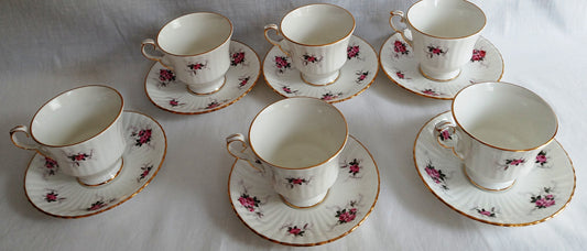 Vintage Set of 6 Windsor Rose Footed Gold Trim Teacup Saucer Exclusive Hammersley Fine China Princess House Collection Made in England