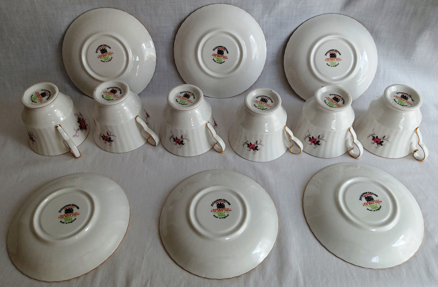 Vintage Set of 6 Windsor Rose Footed Gold Trim Teacup Saucer Exclusive Hammersley Fine China Princess House Collection Made in England