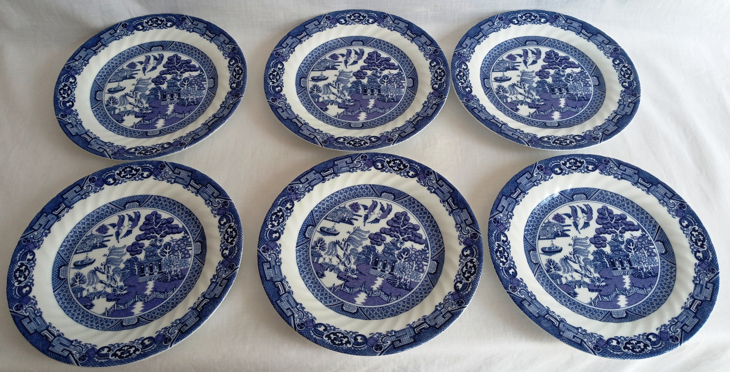 Vintage Set of 6 Royal Cuthbertson Blue Willow China Dinner Plates Dishwasher Microwave Safe Dinnerware Stain Resistant Mint Condition