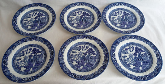 Vintage Set of 6 Royal Cuthbertson Blue Willow China Dinner Plates Dishwasher Microwave Safe Dinnerware Stain Resistant Mint Condition