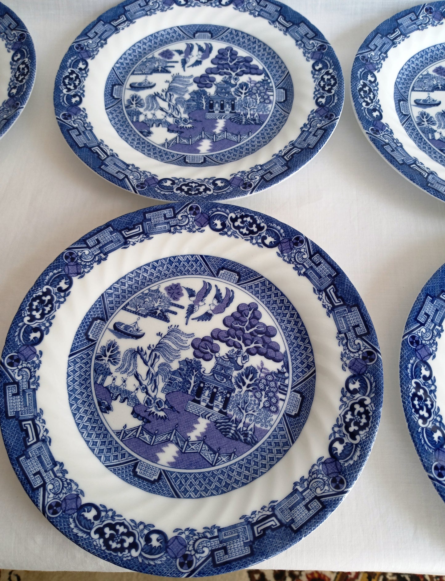 Vintage Set of 6 Royal Cuthbertson Blue Willow China Dinner Plates Dishwasher Microwave Safe Dinnerware Stain Resistant Mint Condition