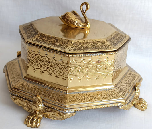 Vintage Mottahedeh Solid Brass Lidded Octagonal Box Swan Finial Lion Paw Feet Ornate Etched Elegant Keepsake Jewelry Storage Vanity Décor