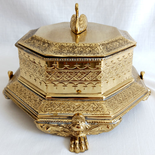 Vintage Mottahedeh Solid Brass Lidded Octagonal Box Swan Finial Lion Paw Feet Ornate Etched Elegant Keepsake Jewelry Storage Vanity Décor