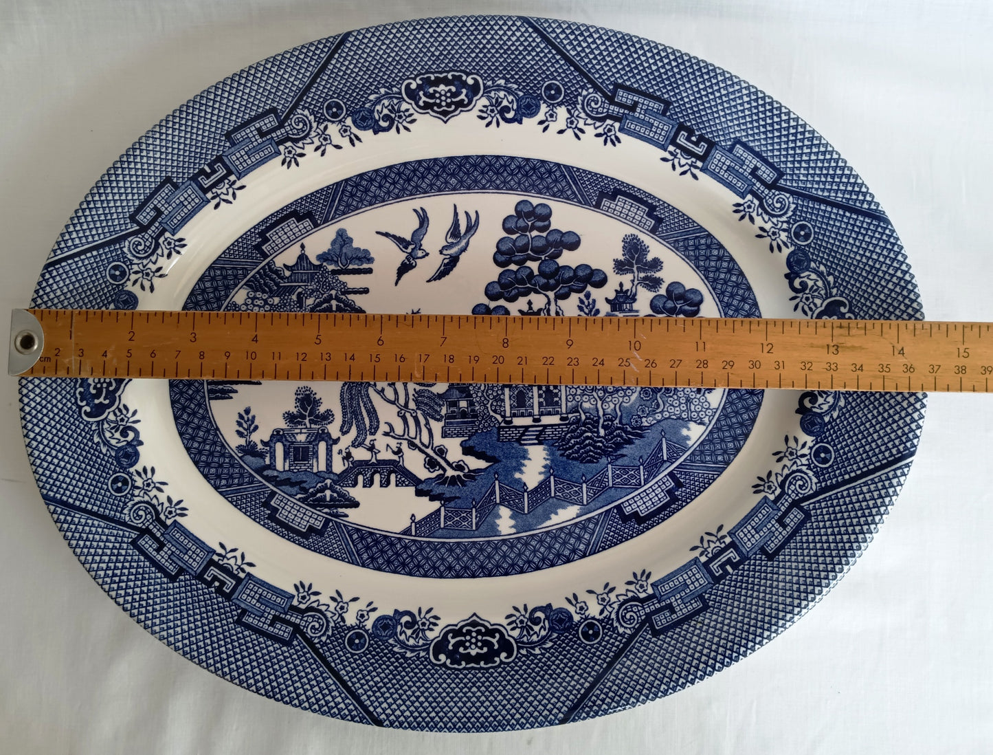 Vintage Churchill Blue Willow Pattern Ceramic Oval Large Plate Serving Platter Made in Staffordshire England Tableware 14.5” L