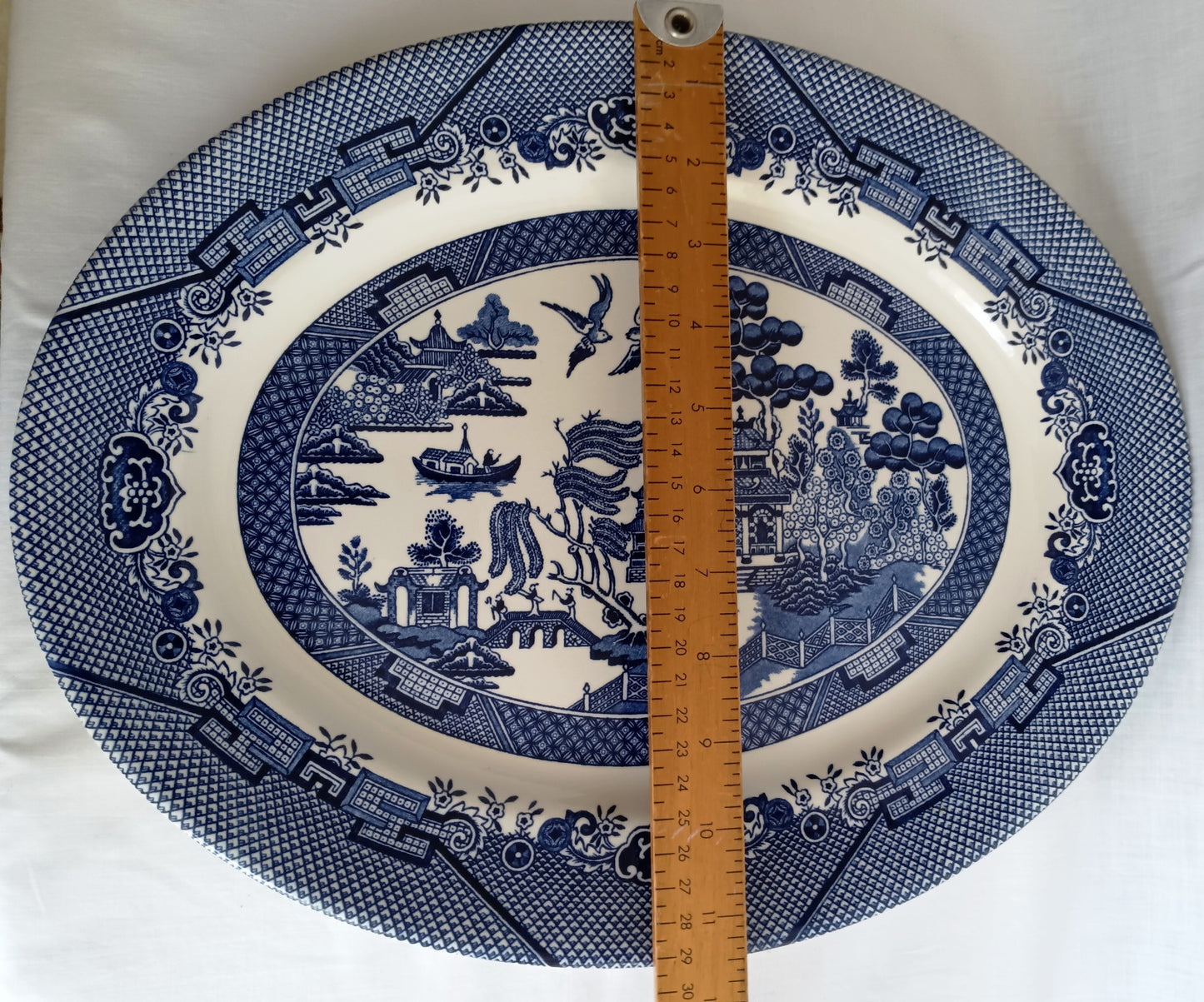 Vintage Churchill Blue Willow Pattern Ceramic Oval Large Plate Serving Platter Made in Staffordshire England Tableware 14.5” L