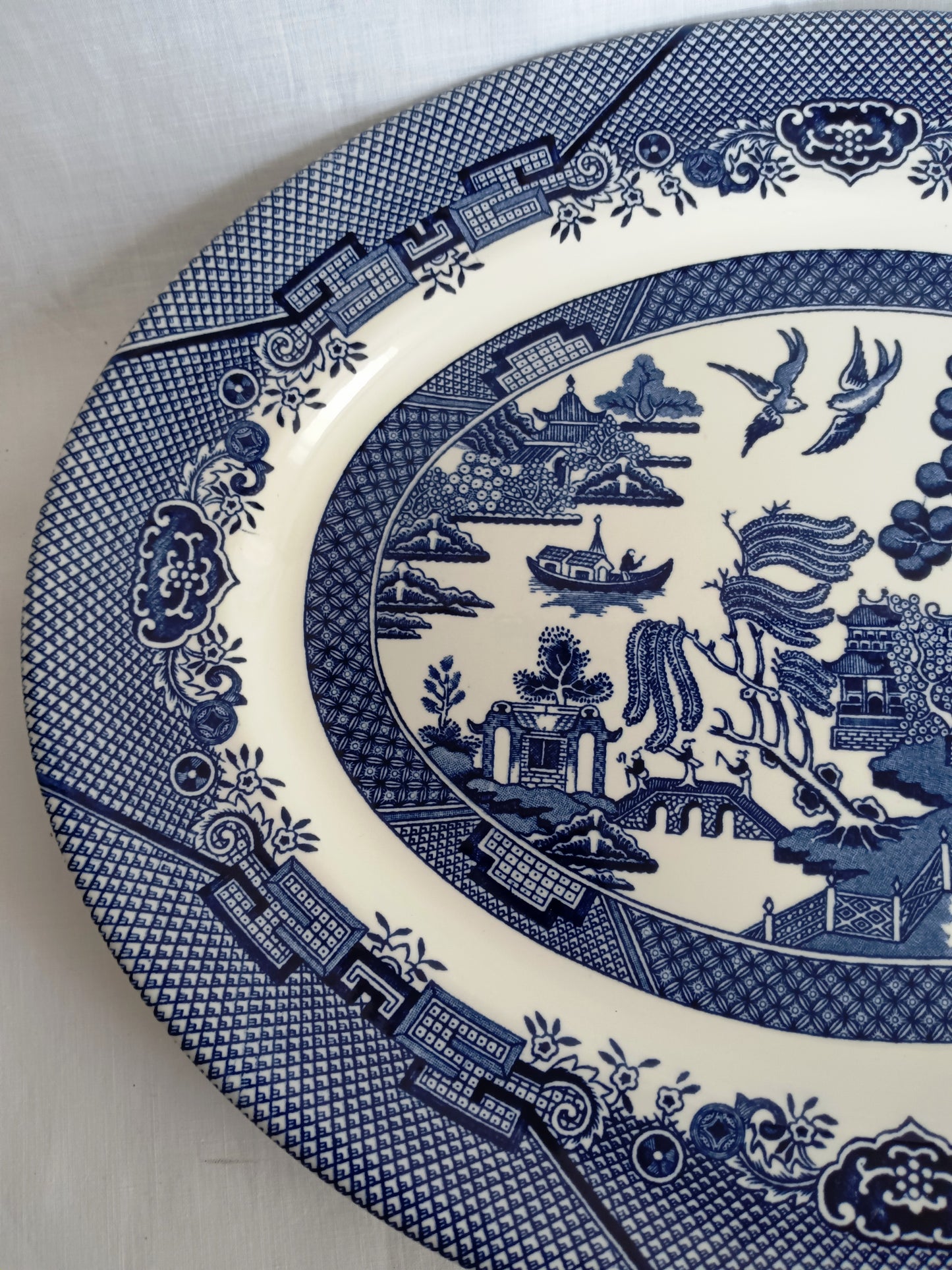 Vintage Churchill Blue Willow Pattern Ceramic Oval Large Plate Serving Platter Made in Staffordshire England Tableware 14.5” L