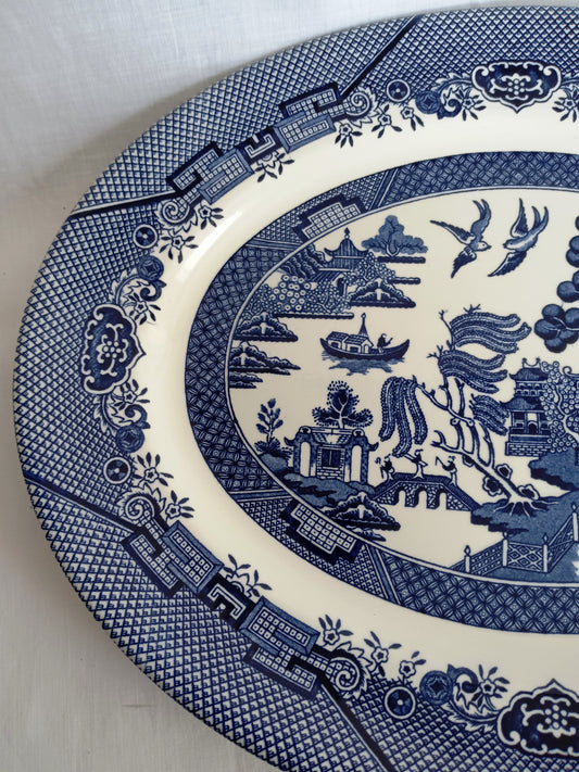 Vintage Churchill Blue Willow Pattern Ceramic Oval Large Plate Serving Platter Made in Staffordshire England Tableware 14.5” L