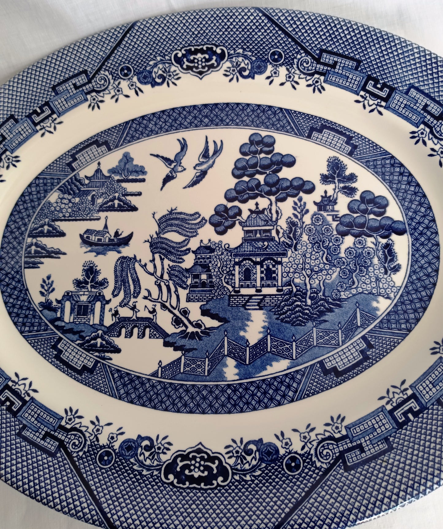 Vintage Churchill Blue Willow Pattern Ceramic Oval Large Plate Serving Platter Made in Staffordshire England Tableware 14.5” L