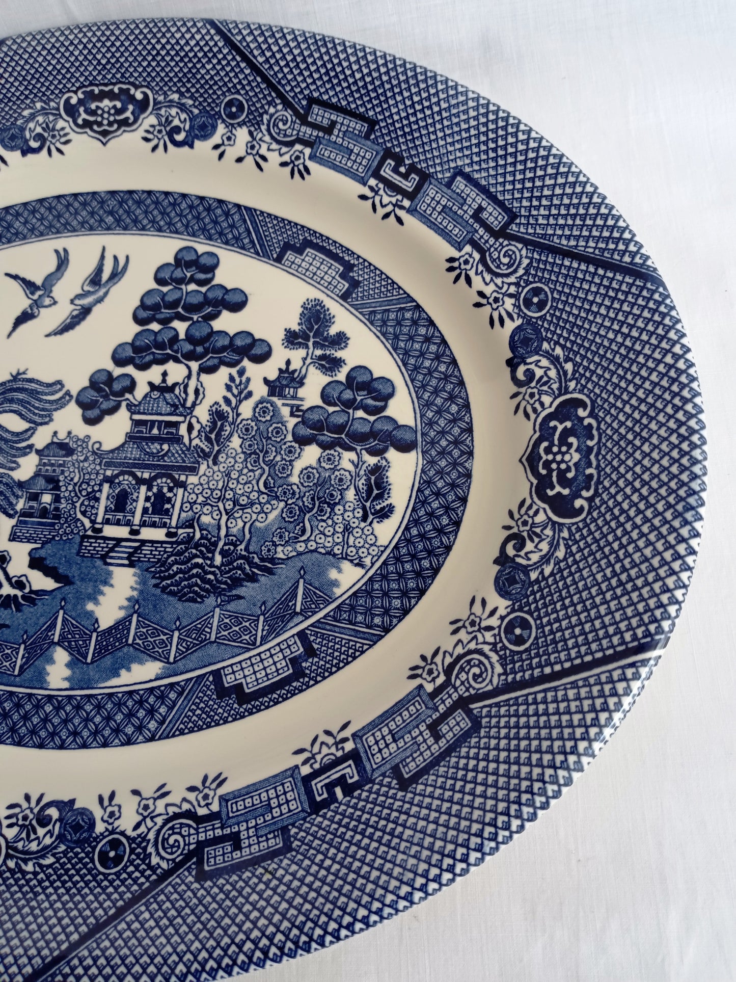 Vintage Churchill Blue Willow Pattern Ceramic Oval Large Plate Serving Platter Made in Staffordshire England Tableware 14.5” L
