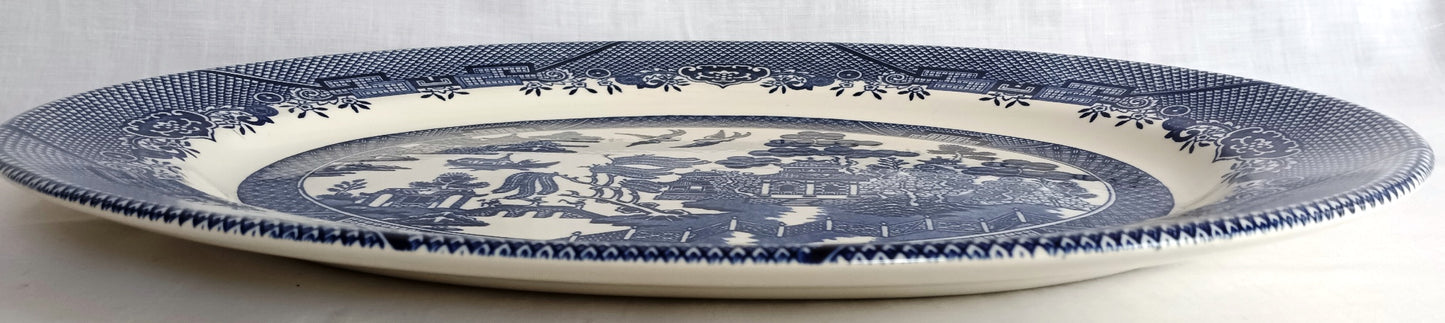 Vintage Churchill Blue Willow Pattern Ceramic Oval Large Plate Serving Platter Made in Staffordshire England Tableware 14.5” L