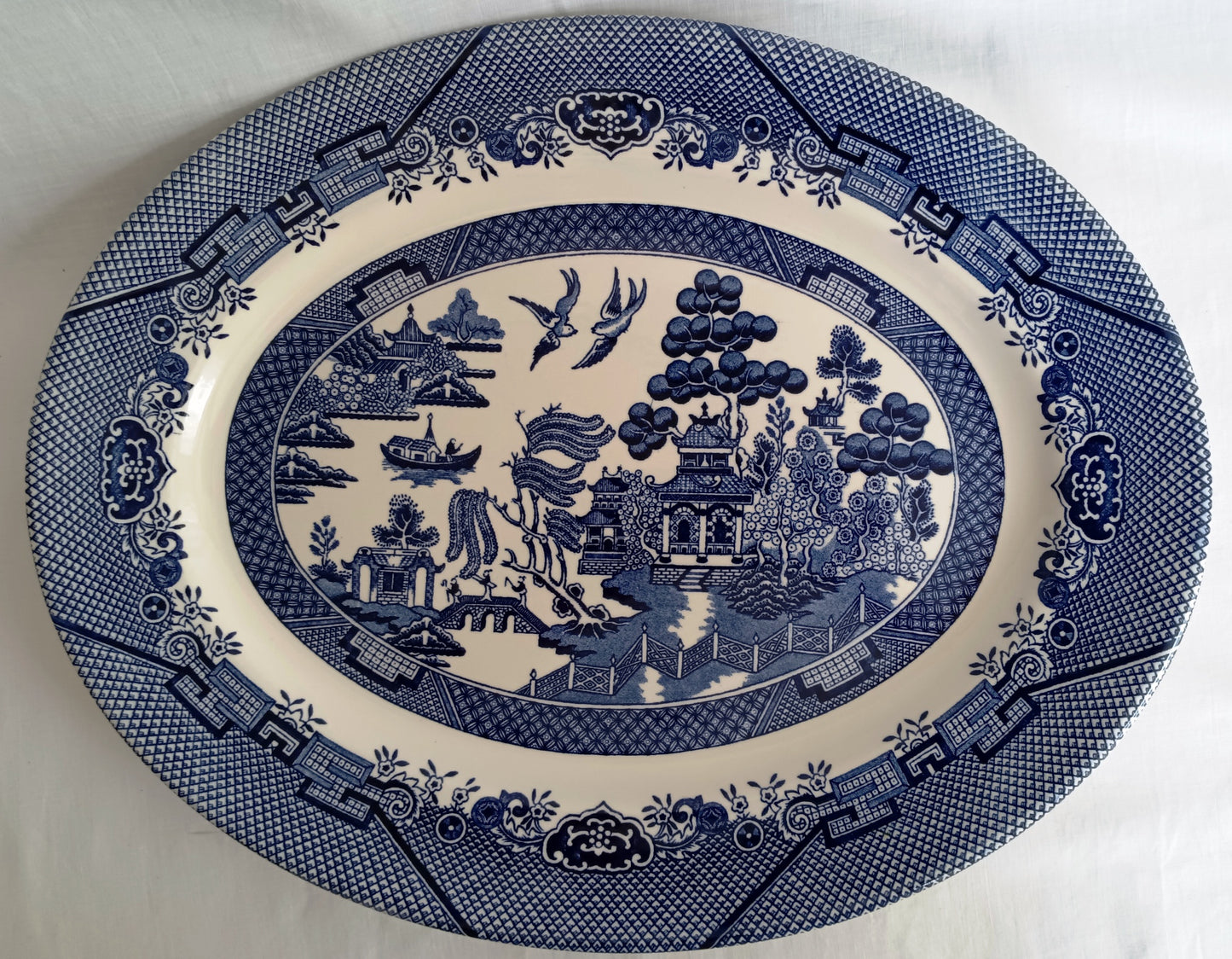 Vintage Churchill Blue Willow Pattern Ceramic Oval Large Plate Serving Platter Made in Staffordshire England Tableware 14.5” L