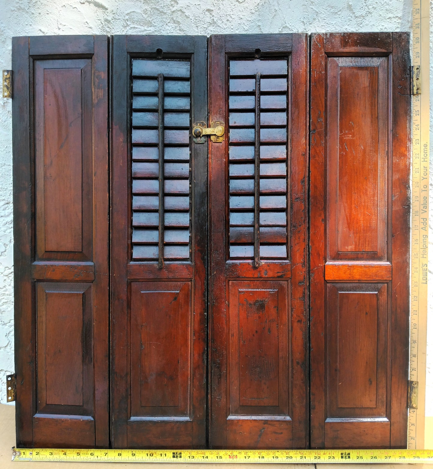 Antique Pair Reclaimed Salvaged Shutter SOLID Wood Wooden Interior Window Bi-fold Shutter 4 Raised Panels Country Rustic Décor -AS IS